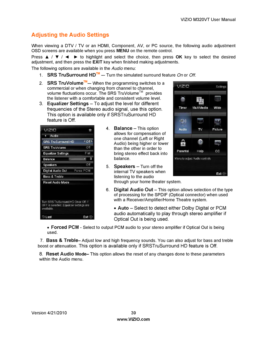 Vizio M320VT manual Adjusting the Audio Settings 