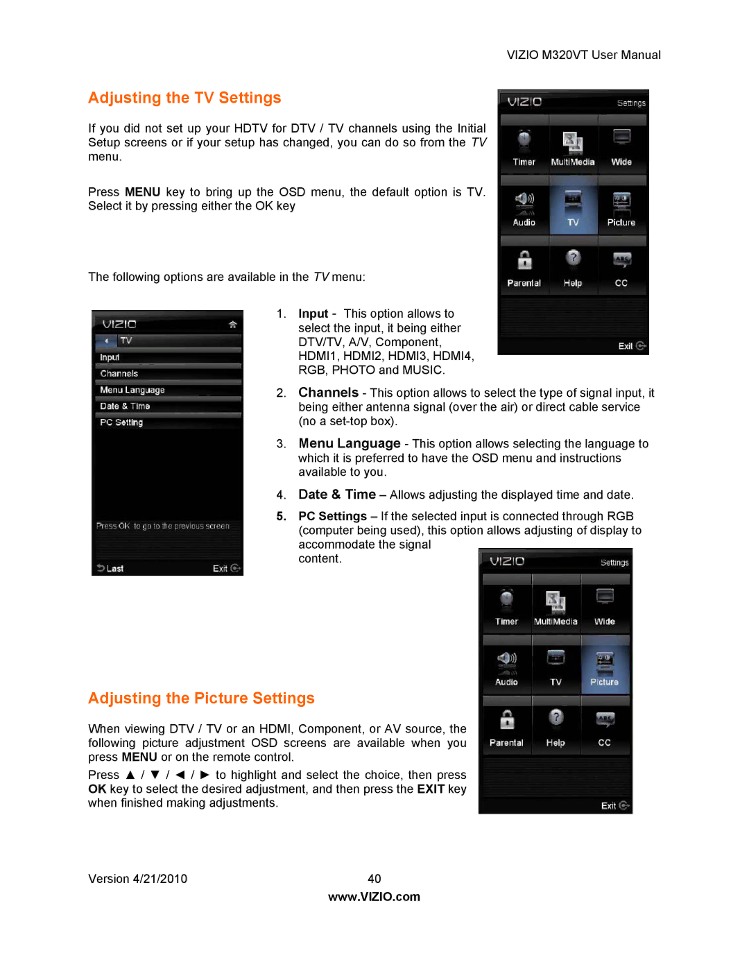 Vizio M320VT manual Adjusting the TV Settings, Adjusting the Picture Settings 