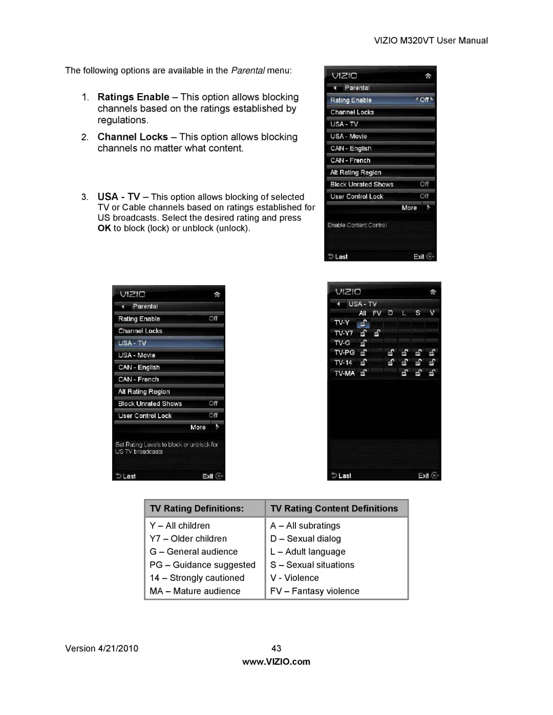 Vizio M320VT manual TV Rating Definitions TV Rating Content Definitions 