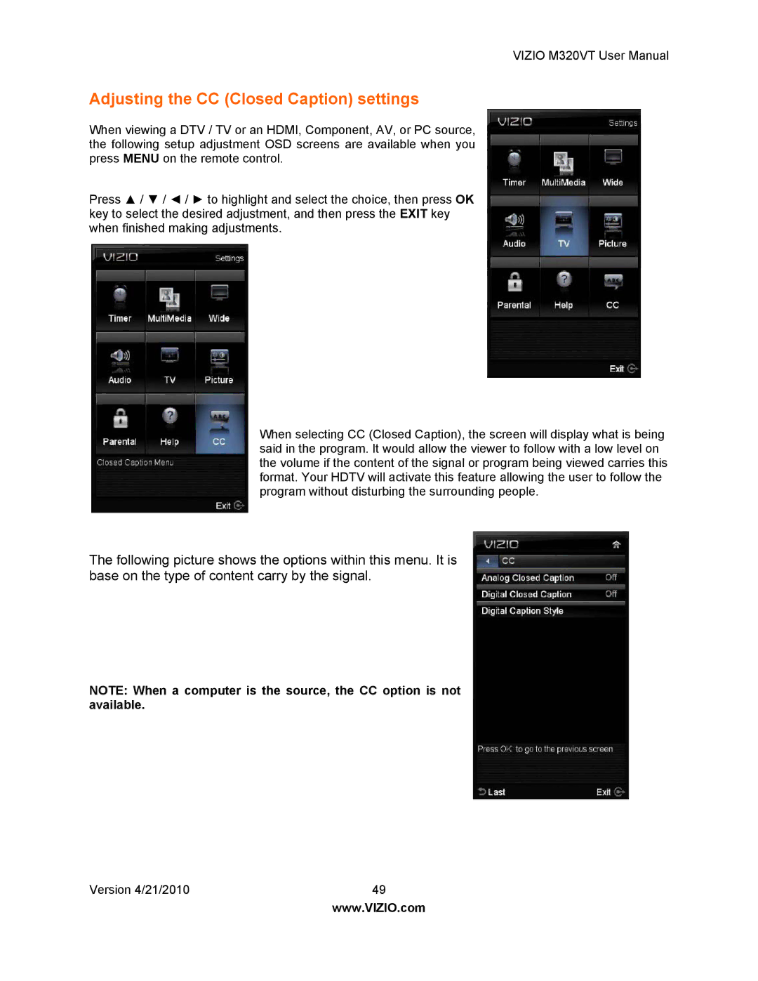 Vizio M320VT manual Adjusting the CC Closed Caption settings 