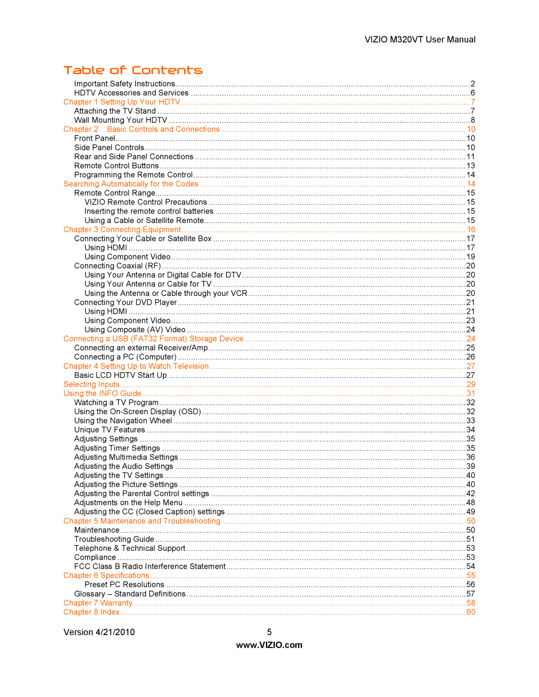 Vizio M320VT manual Table of Contents 