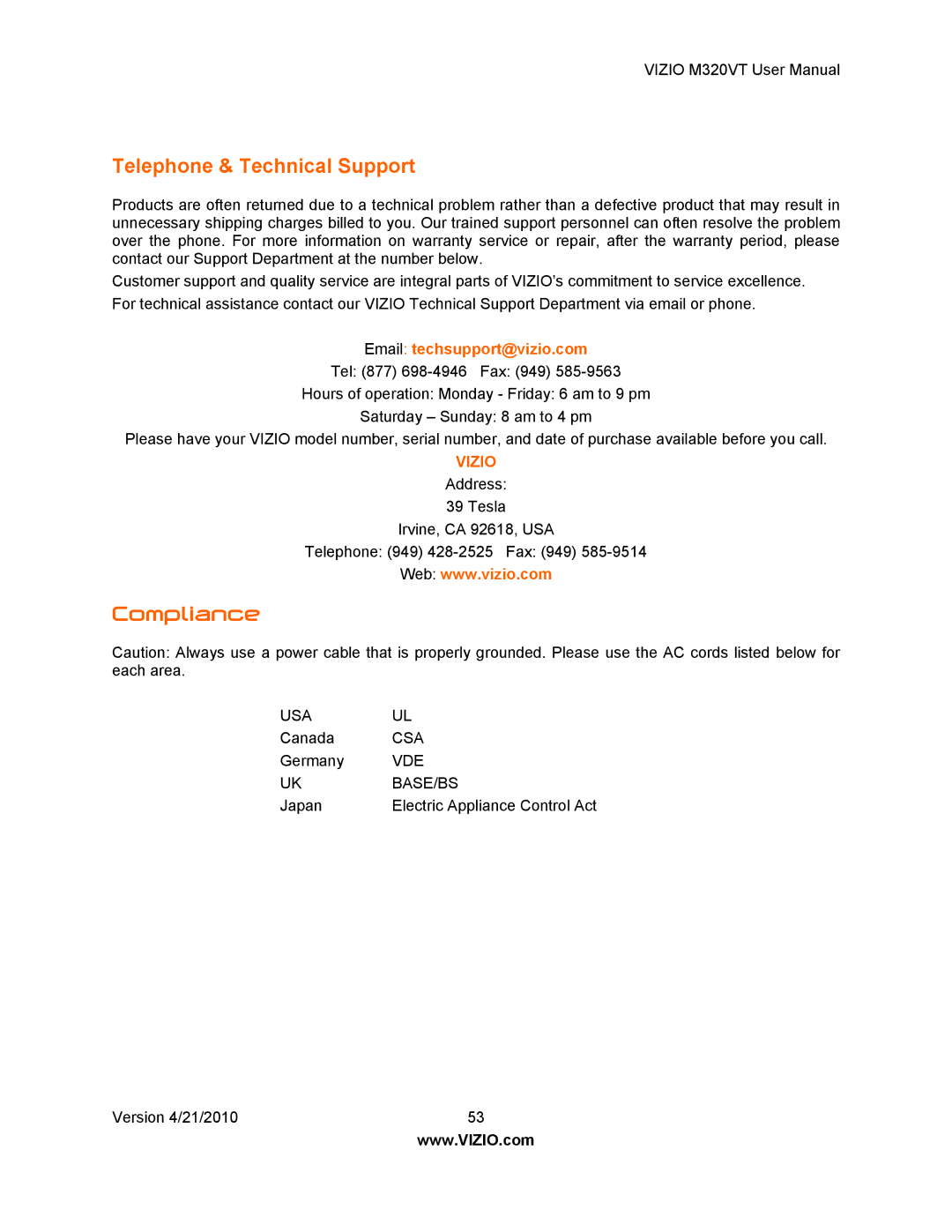 Vizio M320VT manual Telephone & Technical Support, Compliance 