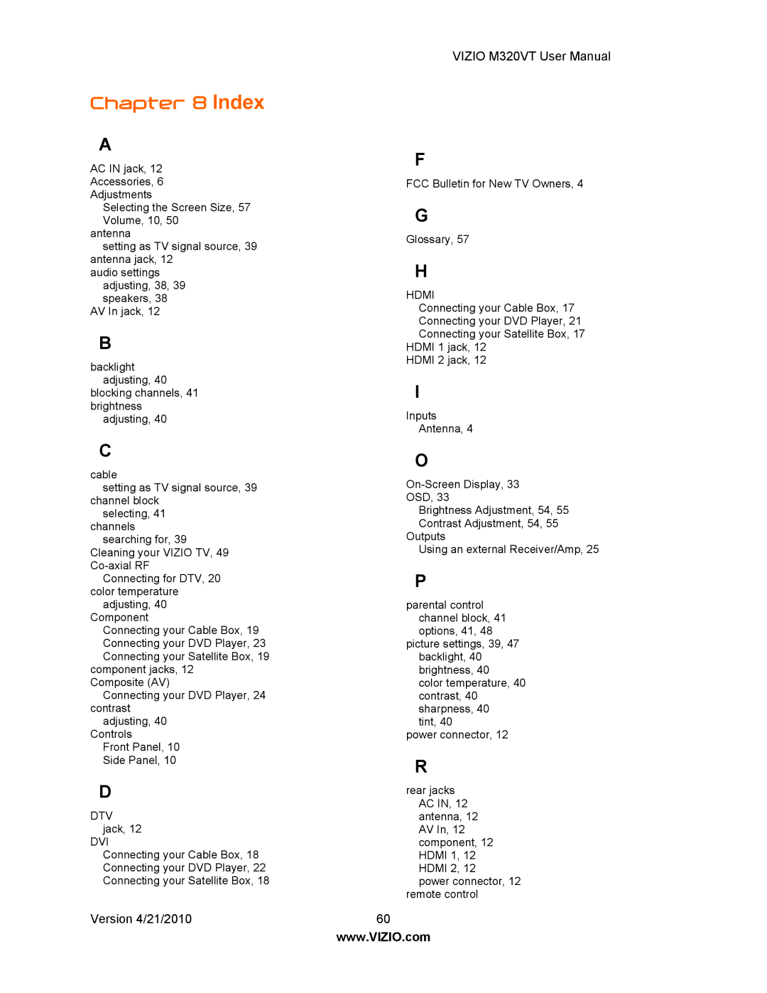 Vizio M320VT manual Index 