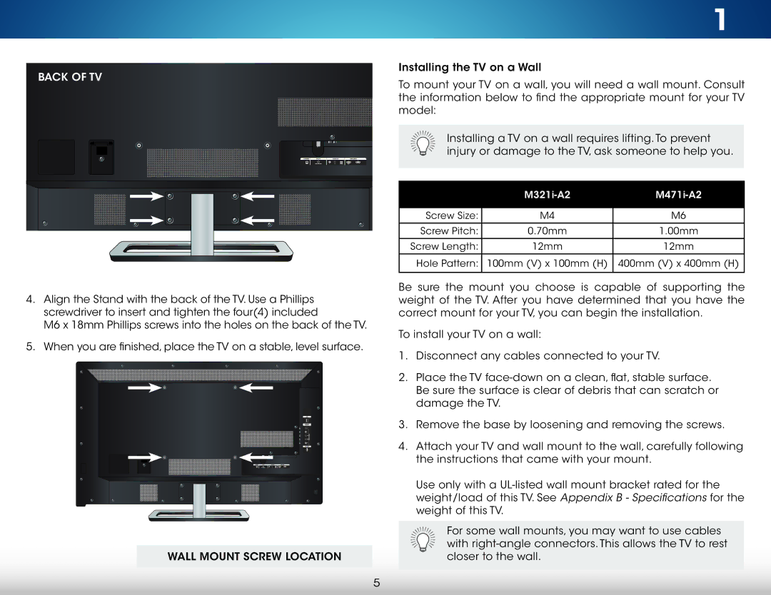 Vizio M471I-A2, M321I-A2, M321IA2, M471IA2 user manual Back of TV 