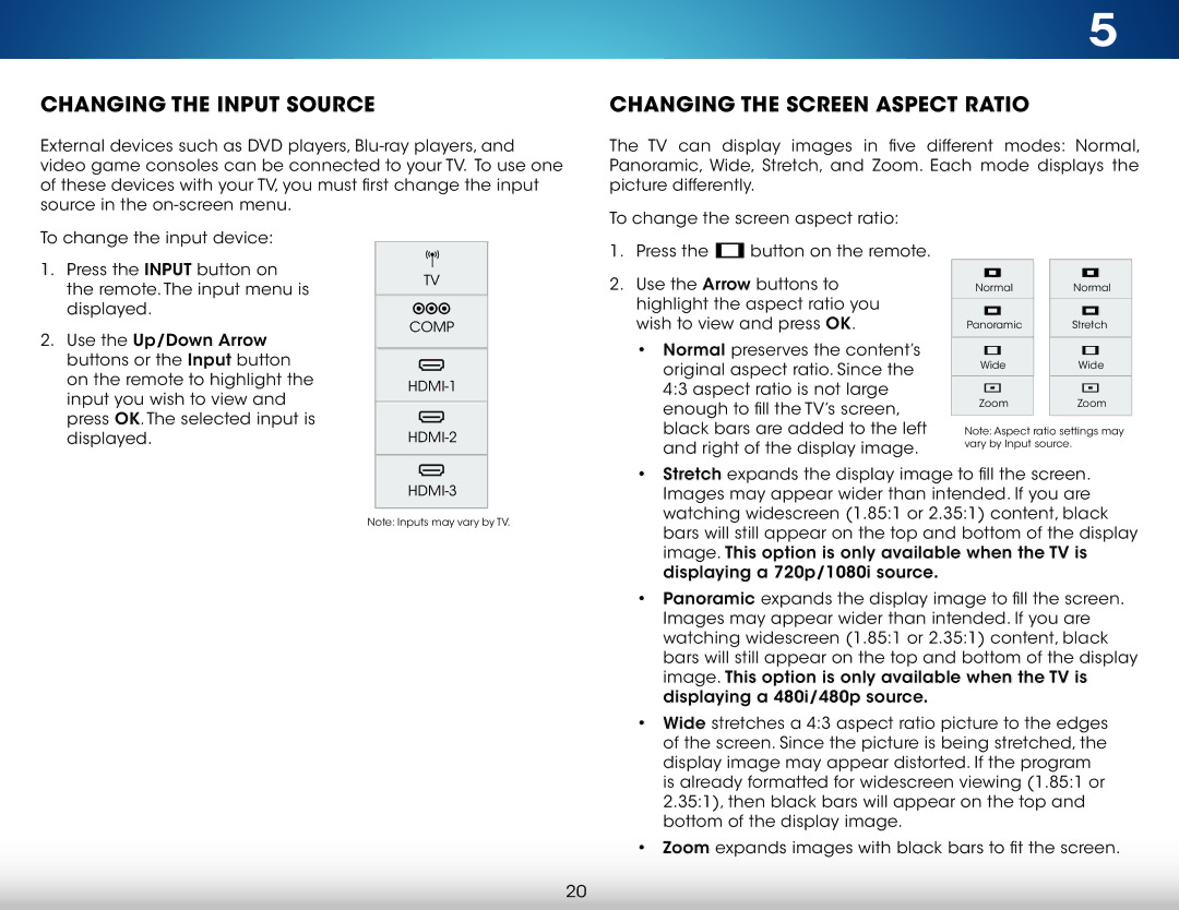 Vizio M471IA2, M321I-A2, M321IA2, M471I-A2 user manual Changing the Input Source, Changing the Screen Aspect Ratio 