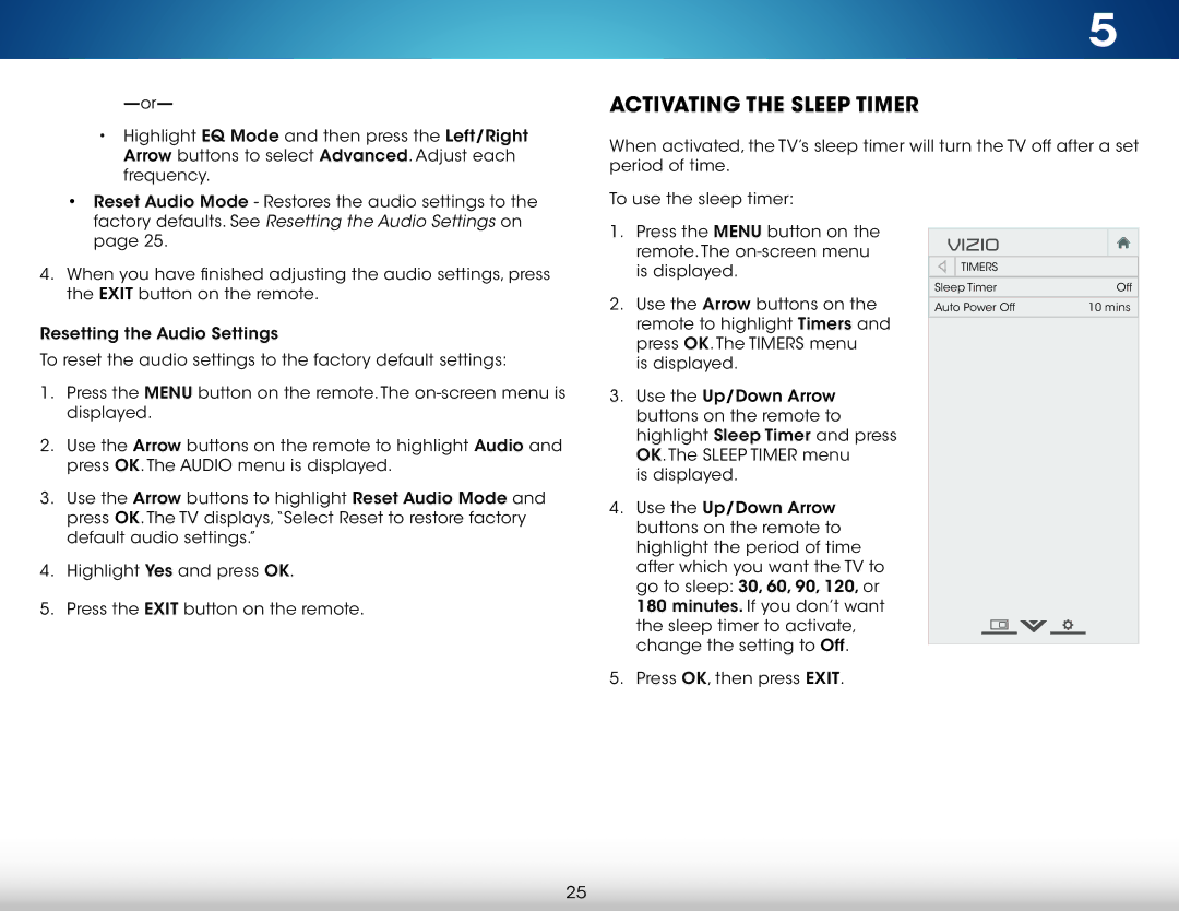 Vizio M471I-A2, M321I-A2, M321IA2, M471IA2 Activating the Sleep Timer, Factory defaults. See Resetting the Audio Settings on 