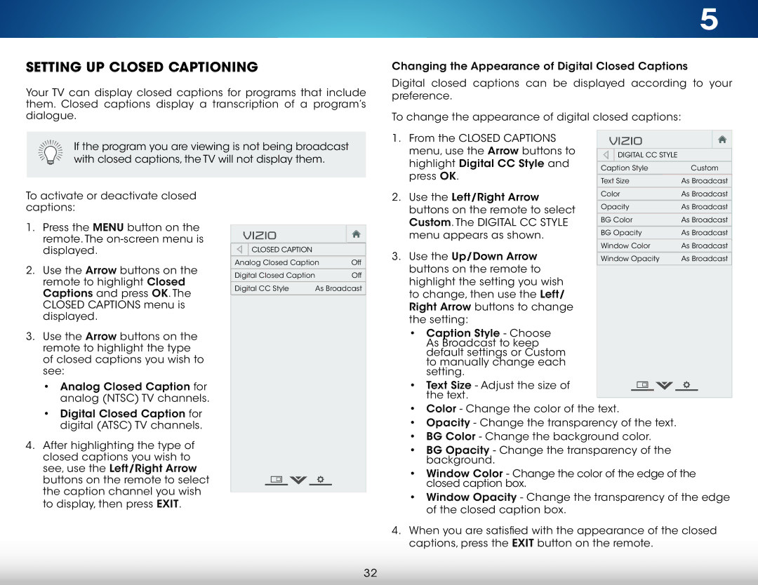 Vizio M471IA2, M321I-A2, M321IA2, M471I-A2 user manual Setting UP Closed Captioning 