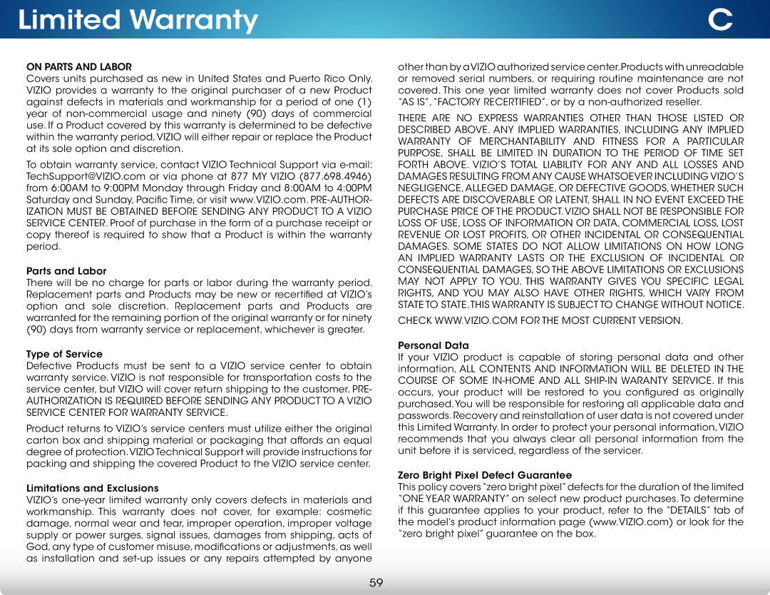 Vizio M321IA2, M321I-A2, M471IA2, M471I-A2 user manual Limited Warranty, On Parts and Labor 