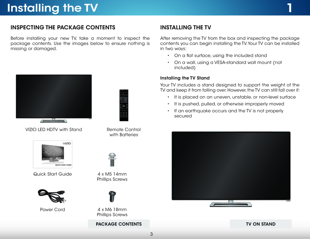 Vizio M321IA2, M321I-A2, M471IA2, M471I-A2 user manual Installing the TV, Inspecting the Package Contents 