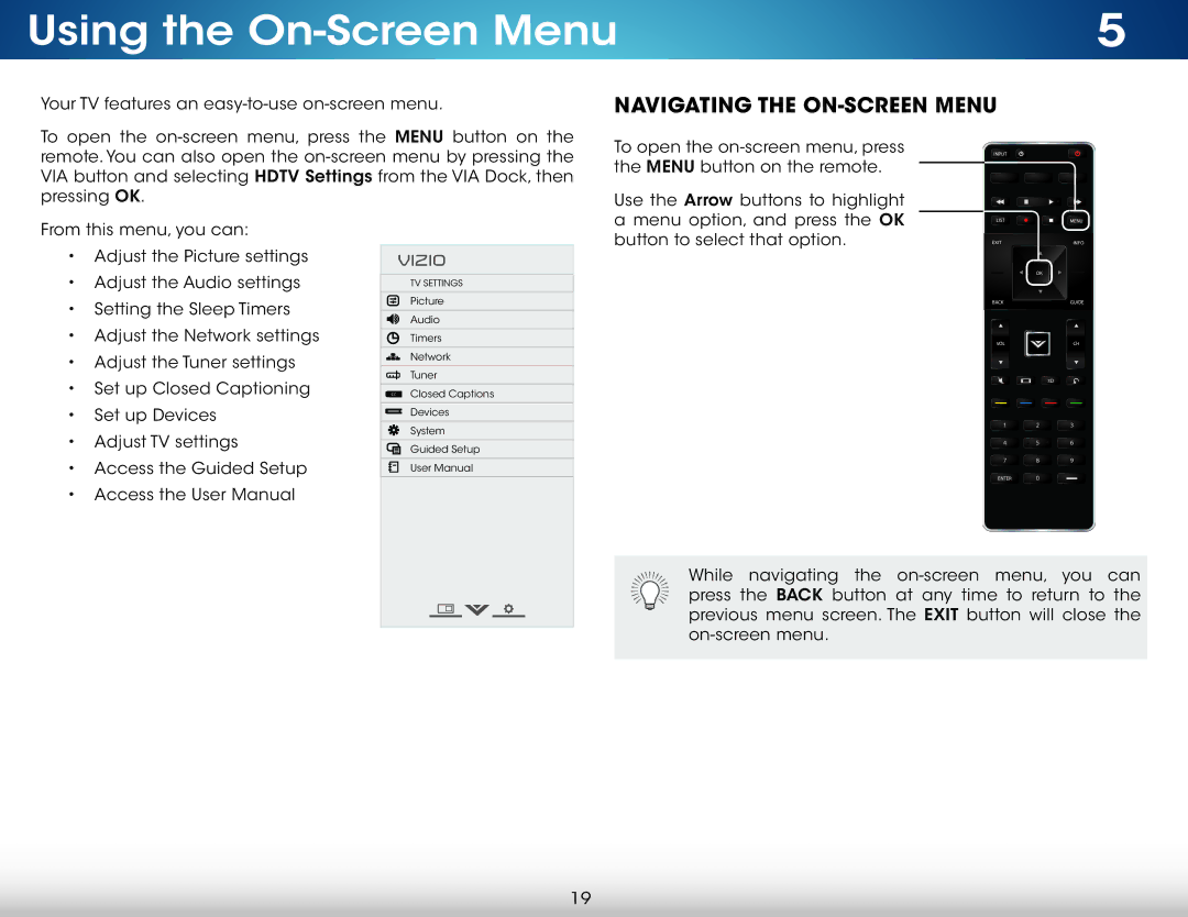 Vizio M321I-A2 user manual Using the On-Screen Menu, Navigating the ON-SCREEN Menu 