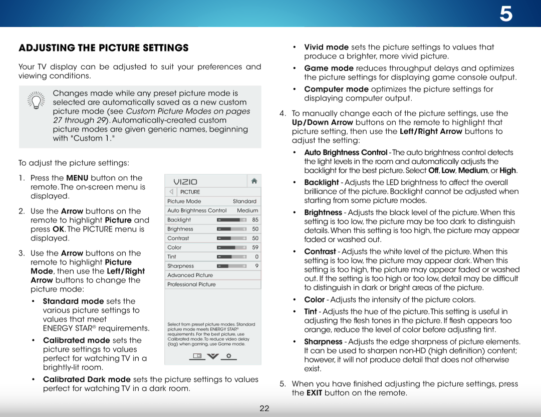 Vizio M321I-A2 user manual Adjusting the Picture Settings 