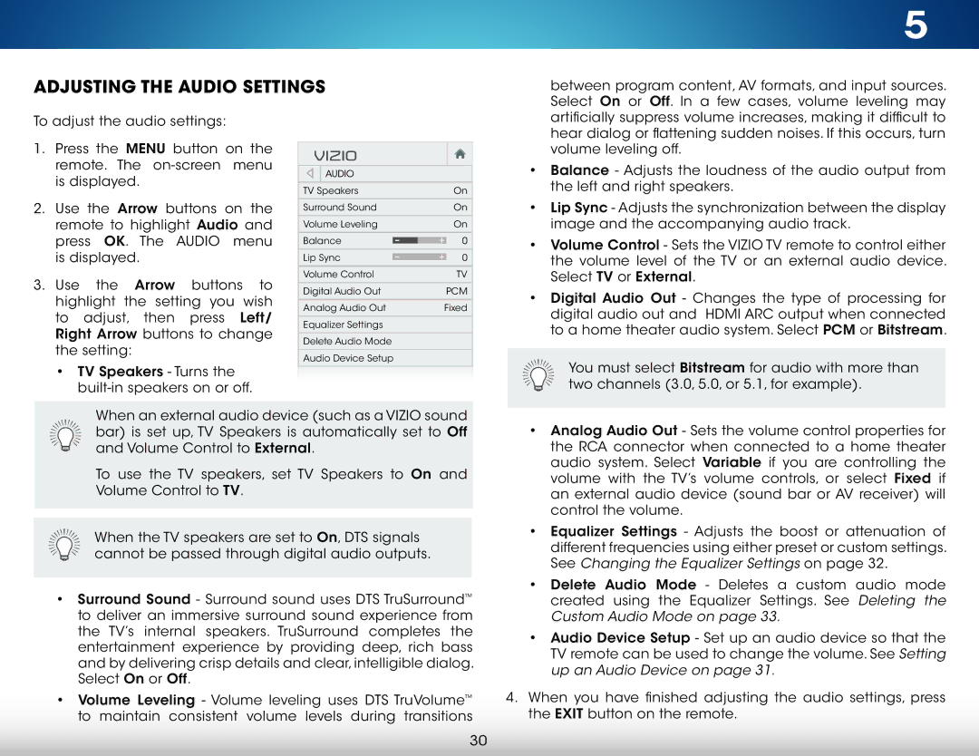 Vizio M321I-A2 user manual Adjusting the Audio Settings, Pcm 