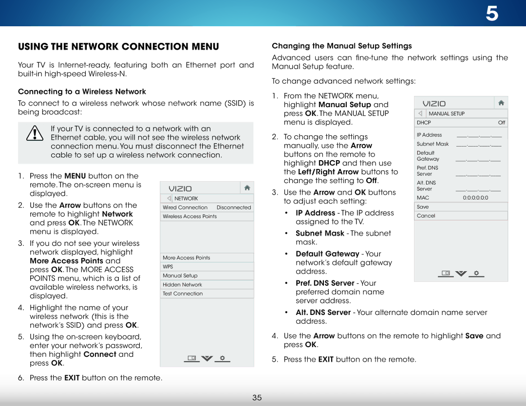 Vizio M321I-A2 user manual Using the Network Connection Menu, Wps, Dhcp, Mac 