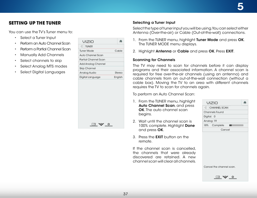 Vizio M321I-A2 user manual Setting UP the Tuner, Channel Scan 