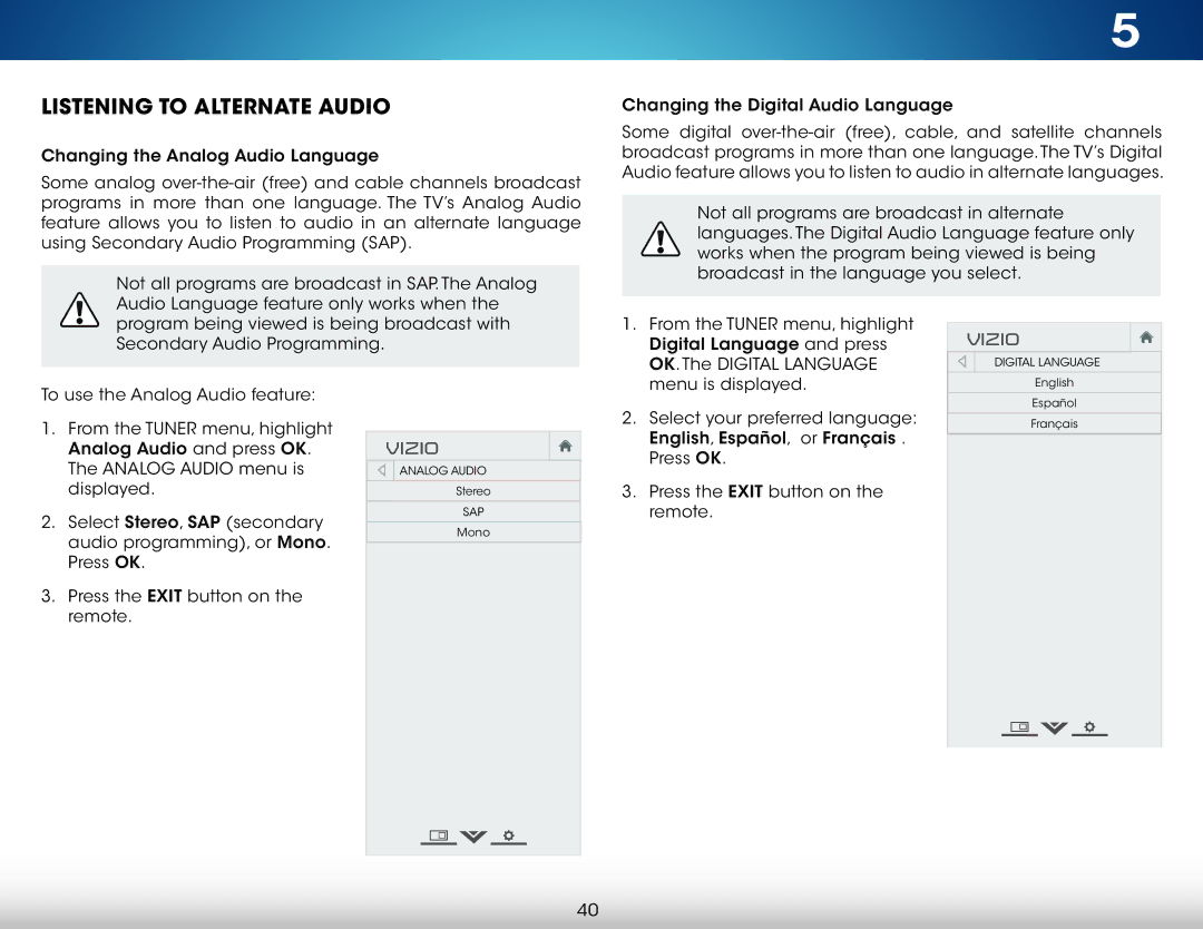 Vizio M321I-A2 user manual Listening to Alternate Audio, Digital Language, Analog Audio, Sap 