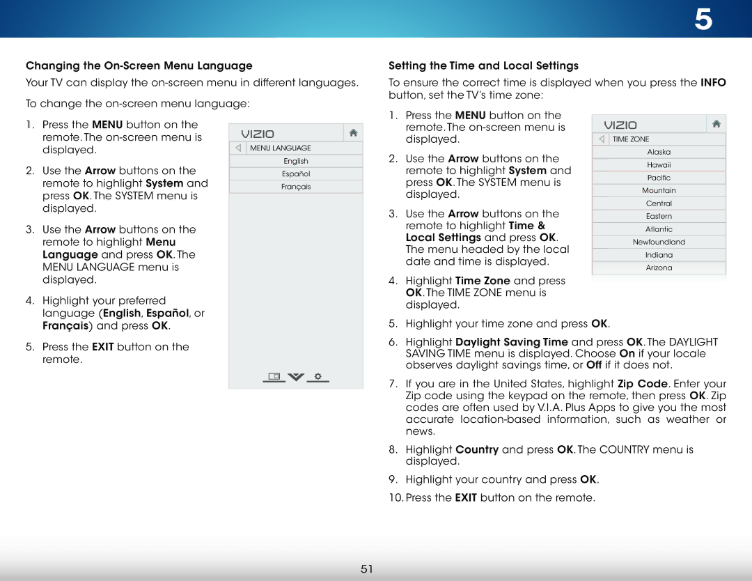 Vizio M321I-A2 user manual Menu Language, Time Zone 