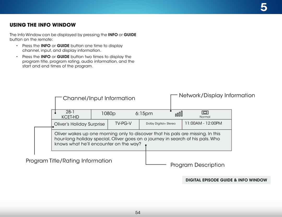 Vizio M321I-A2 user manual Channel/Input Information Network/Display Information, Using the Info Window 