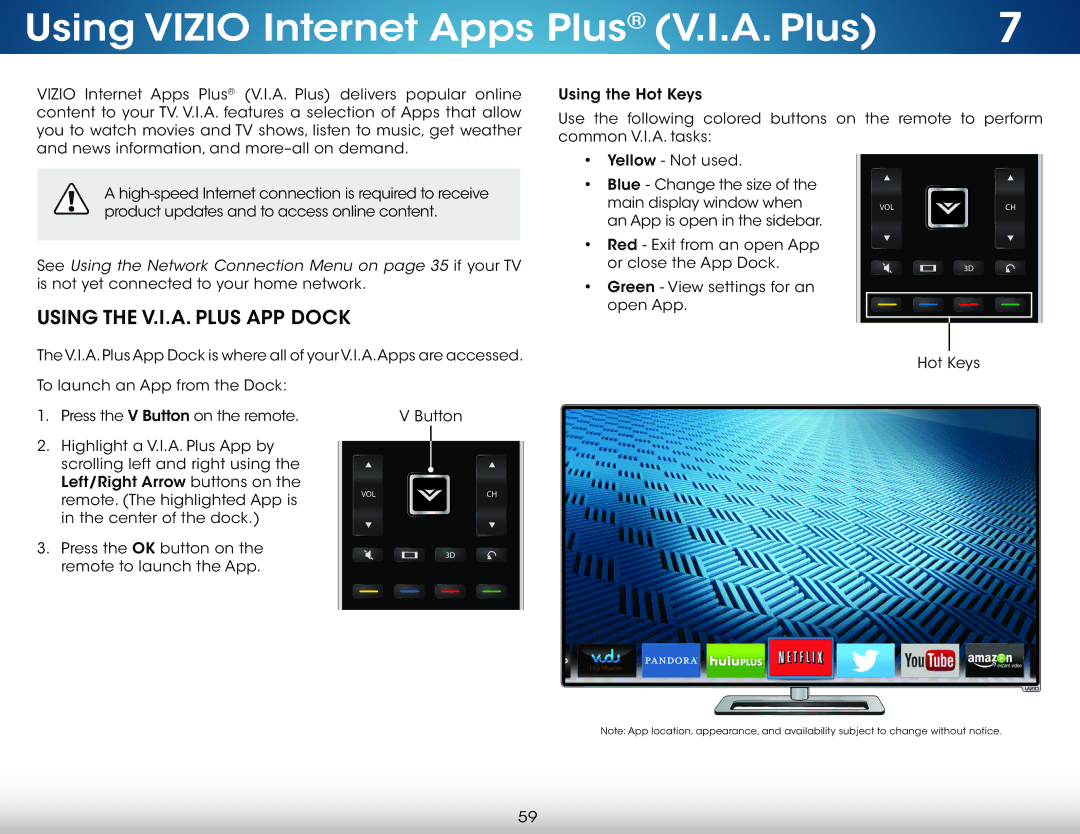 Vizio M321I-A2 user manual Using Vizio Internet Apps Plus V.I.A. Plus, Using the V.I.A. Plus APP Dock 