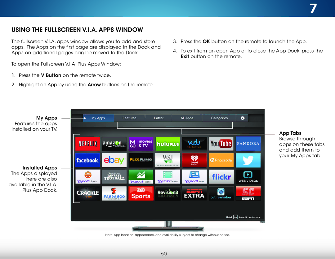 Vizio M321I-A2 user manual Using the Fullscreen V.I.A. Apps Window 