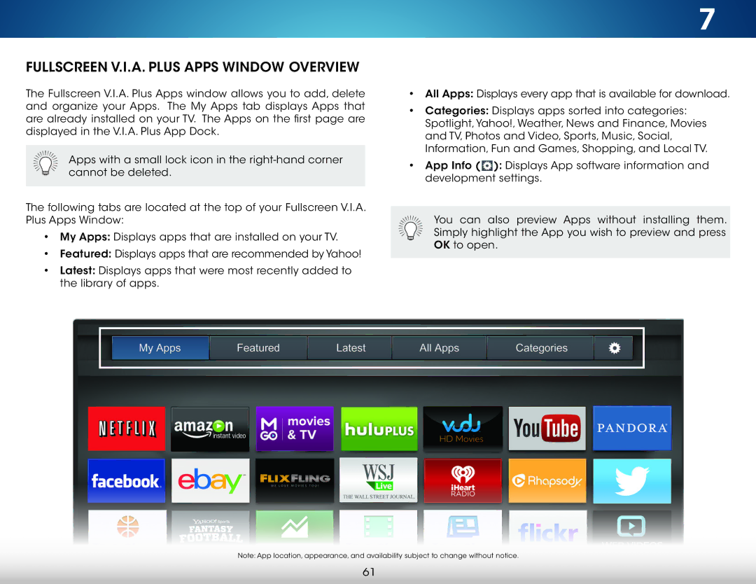 Vizio M321I-A2 user manual Fullscreen V.I.A. Plus Apps Window Overview 