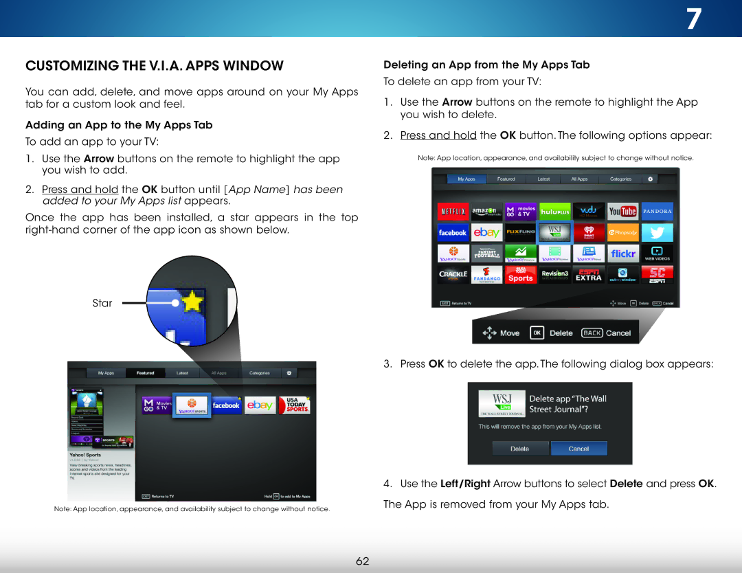 Vizio M321I-A2 user manual Customizing the V.I.A. Apps Window 