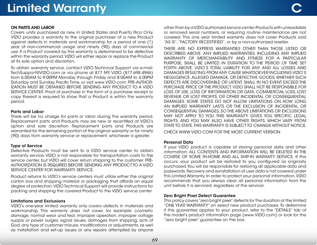 Vizio M321I-A2 user manual Limited Warranty, On Parts and Labor 