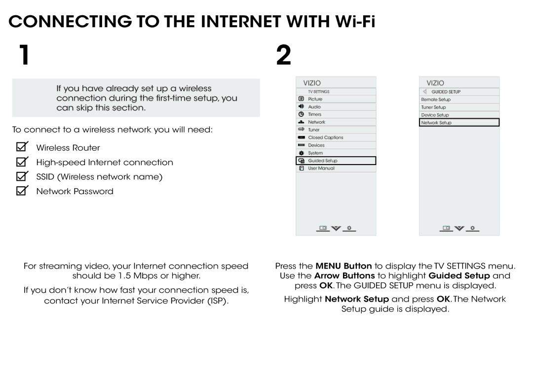 Vizio M321I-A2 quick start Connecting to the Internet with Wi-Fi 