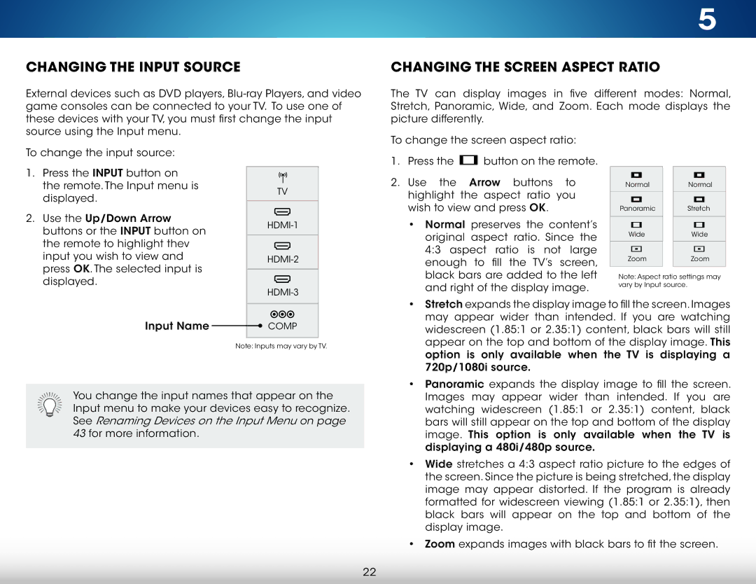 Vizio M322i-B1 user manual Changing the Input Source, Changing the Screen Aspect Ratio 