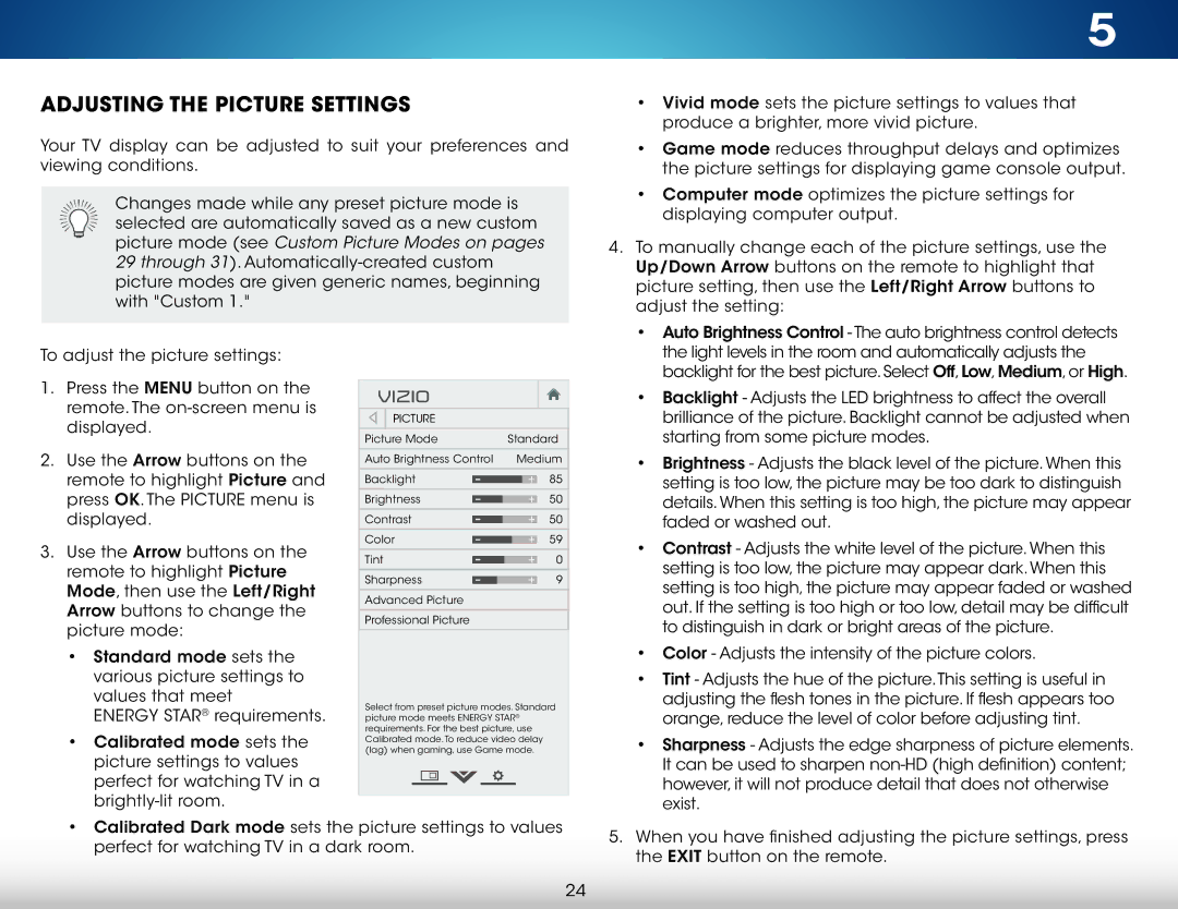 Vizio M322i-B1 user manual Adjusting the Picture Settings 