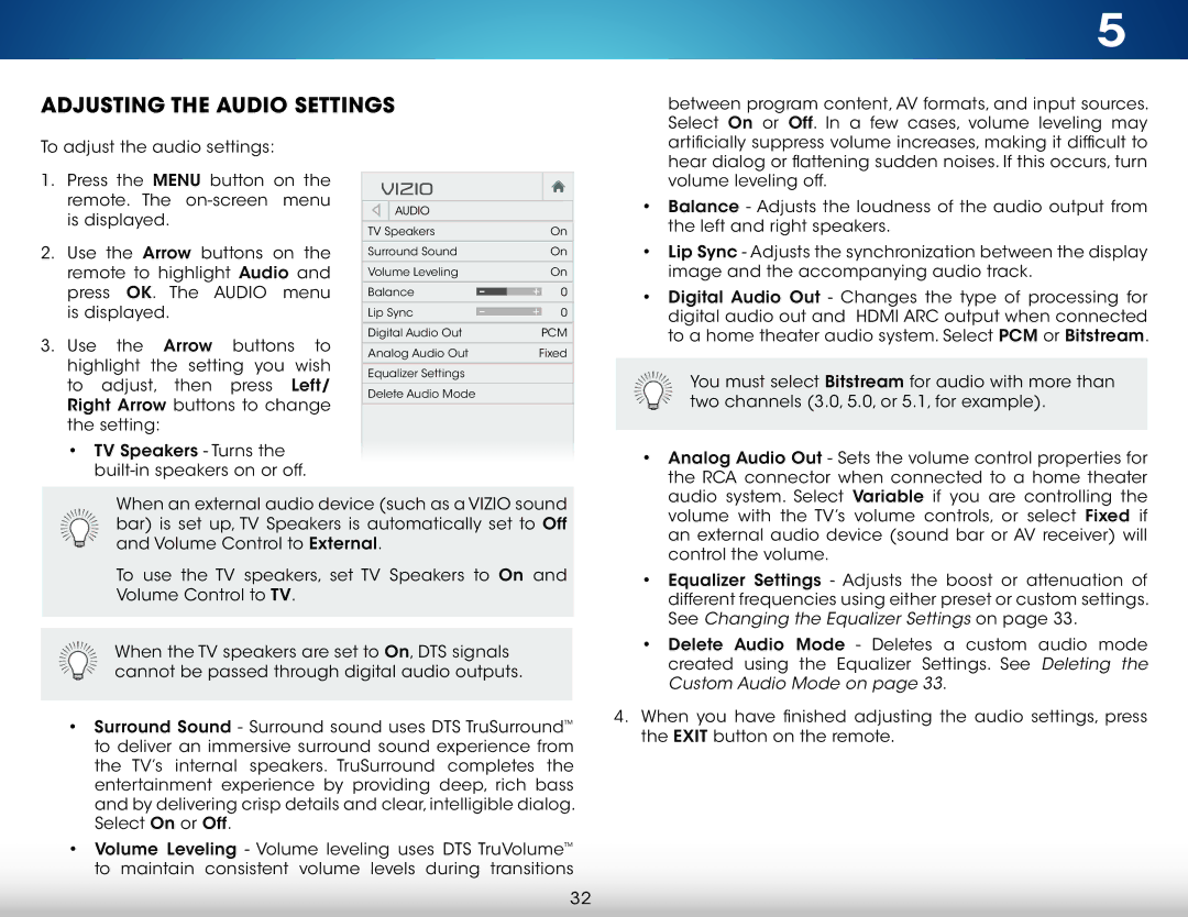 Vizio M322i-B1 user manual Adjusting the Audio Settings, See Changing the Equalizer Settings on 