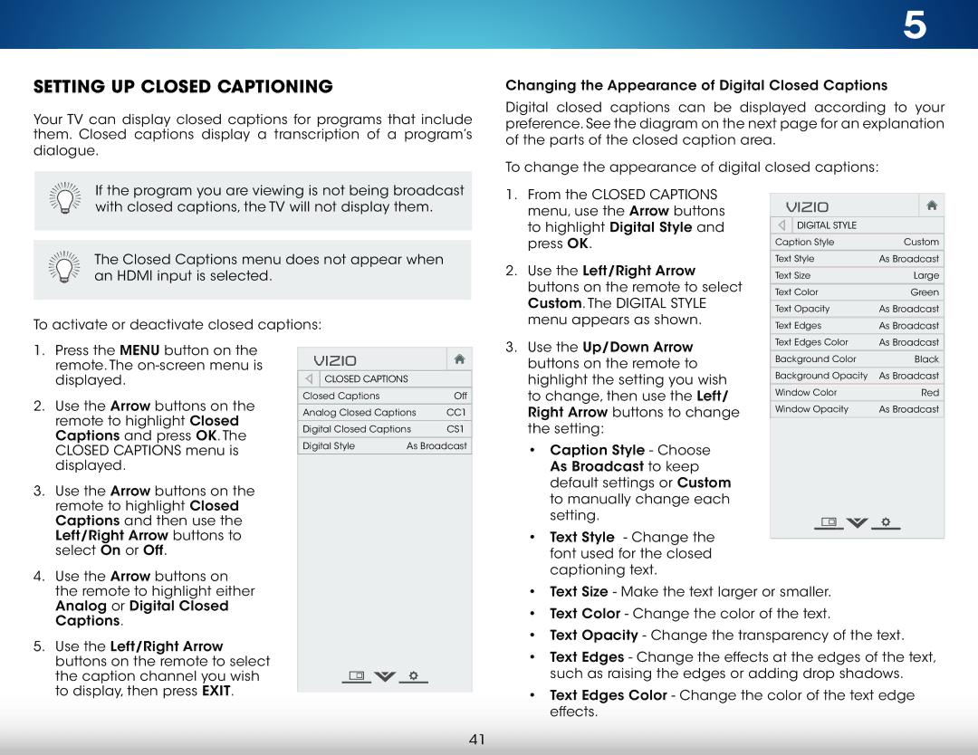 Vizio M322i-B1 user manual Setting Up Closed Captioning 