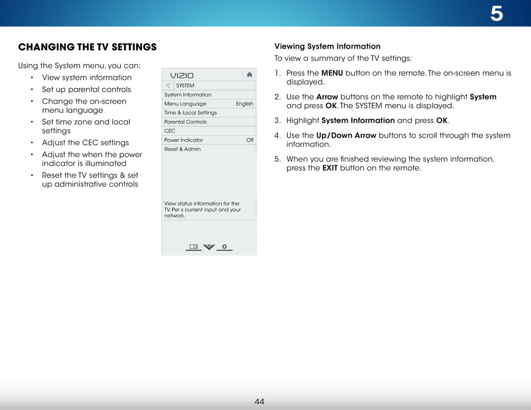 Vizio M322i-B1 user manual Changing the TV Settings, Cec 