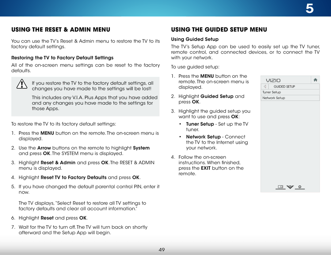 Vizio M322i-B1 user manual Using the Reset & Admin Menu, Using the Guided Setup Menu 