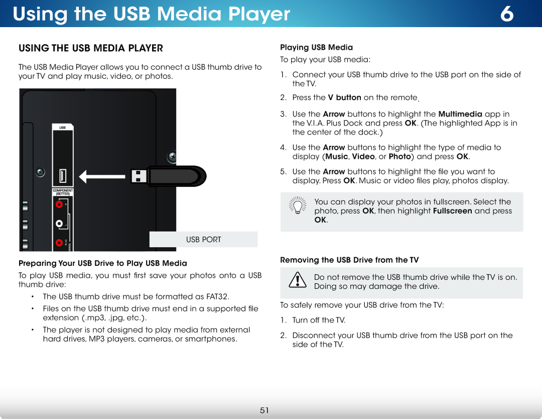 Vizio M322i-B1 user manual Using the USB Media Player, USB Port 