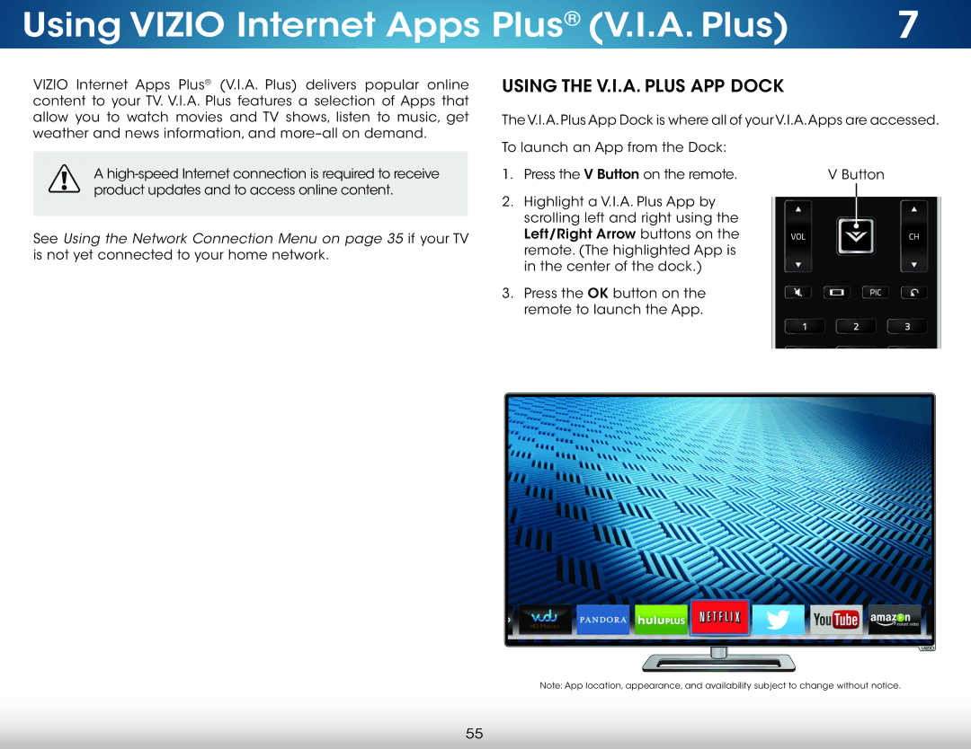 Vizio M322i-B1 user manual Using Vizio Internet Apps Plus V.I.A. Plus, Using the V.I.A. Plus App Dock 