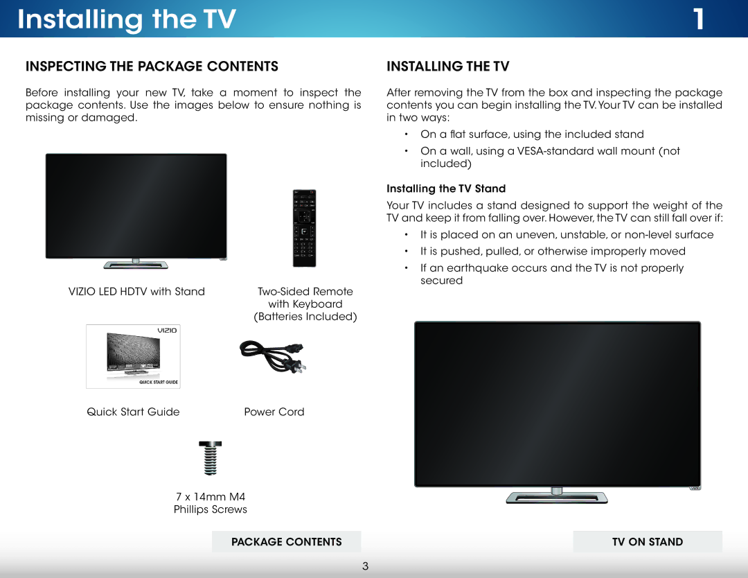 Vizio M322i-B1 user manual Installing the TV, Inspecting the Package Contents 