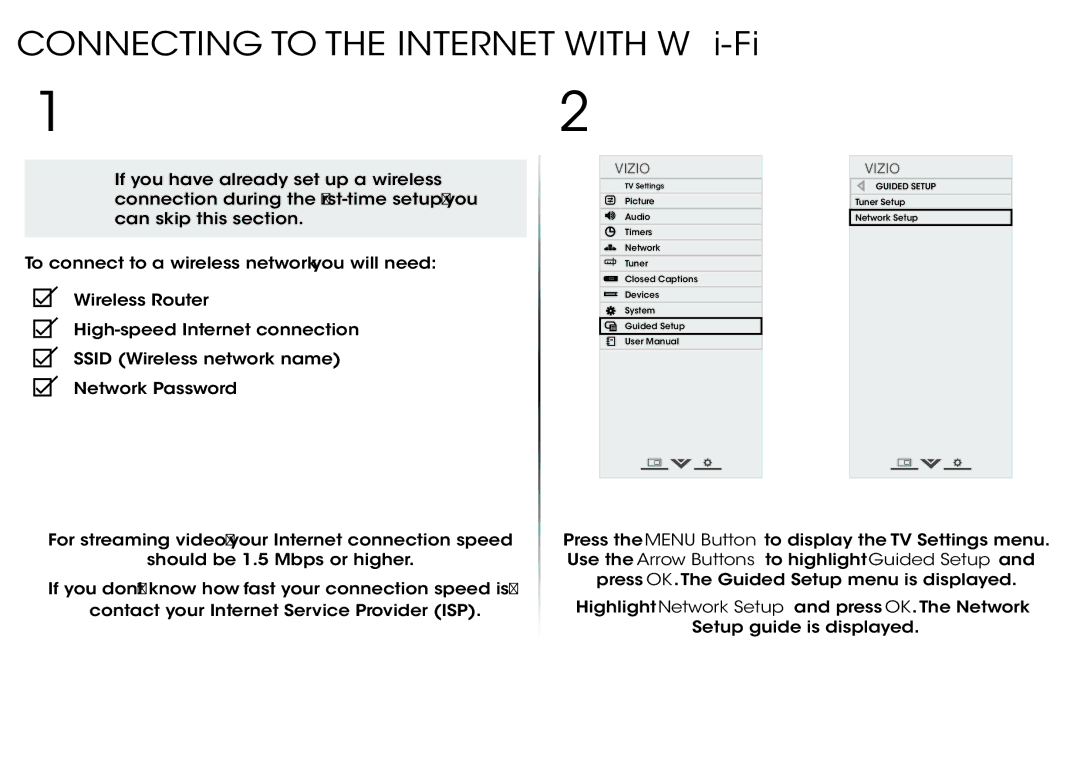 Vizio M322i-B1 quick start Connecting to the Internet with Wi-Fi 