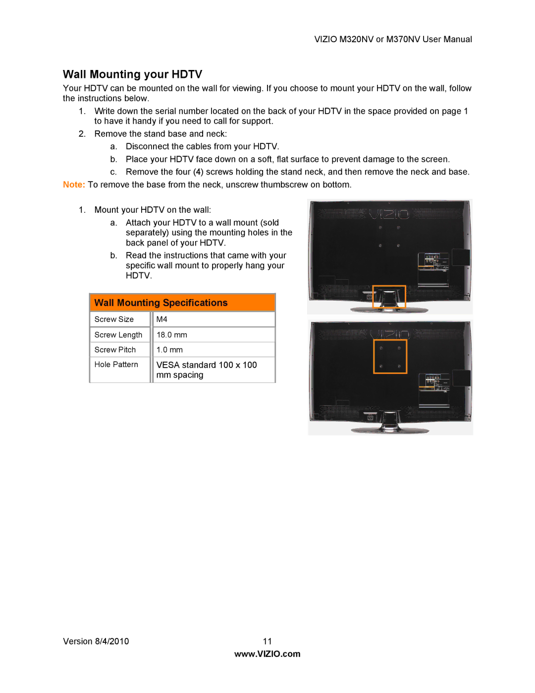 Vizio M320NV, M370NV manual Wall Mounting your Hdtv, Wall Mounting Specifications 