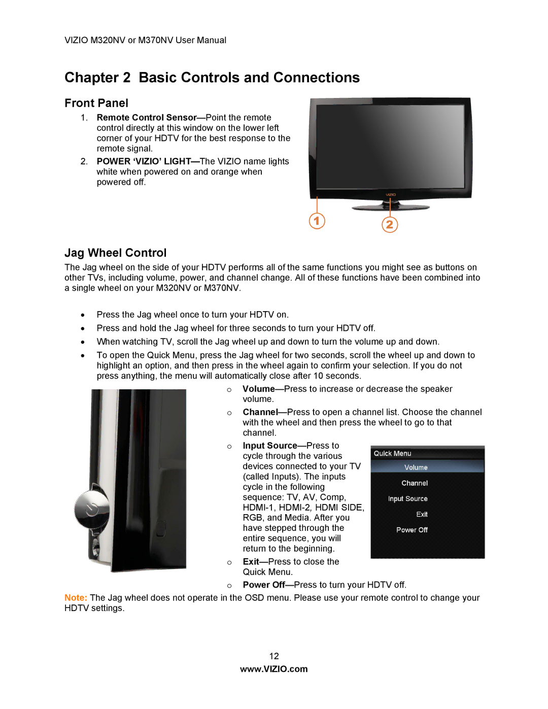 Vizio M370NV, M320NV manual Basic Controls and Connections, Front Panel, Jag Wheel Control 