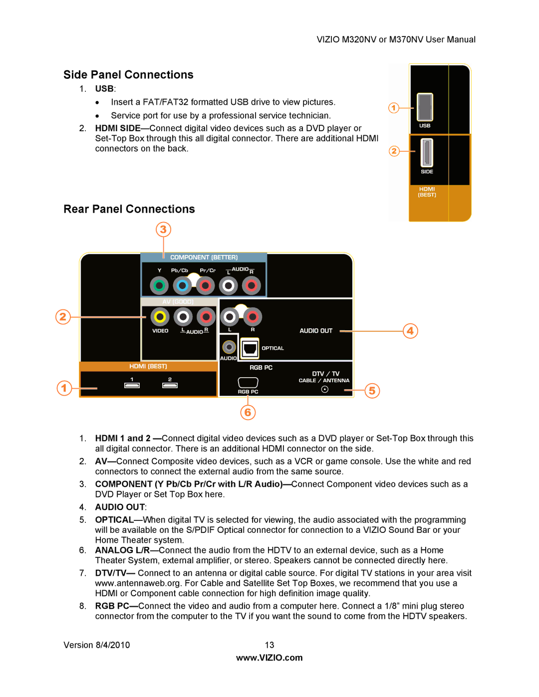 Vizio M320NV, M370NV manual Side Panel Connections, Rear Panel Connections, Usb 