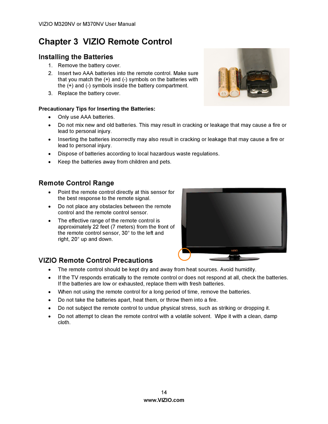 Vizio M370NV, M320NV manual Installing the Batteries, Remote Control Range, Vizio Remote Control Precautions 
