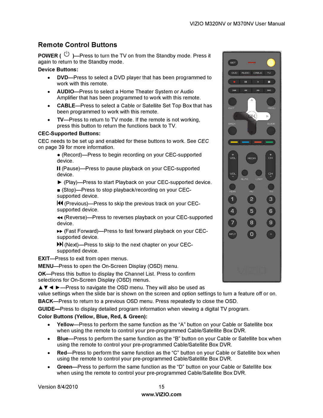 Vizio M320NV manual Remote Control Buttons, Device Buttons, CEC-Supported Buttons, Color Buttons Yellow, Blue, Red, & Green 