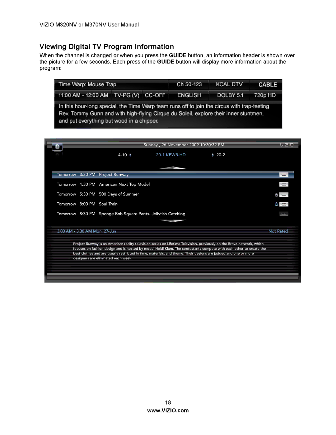 Vizio M370NV, M320NV manual Viewing Digital TV Program Information 