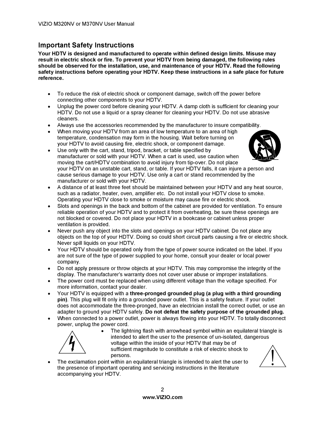 Vizio M370NV, M320NV manual Important Safety Instructions 