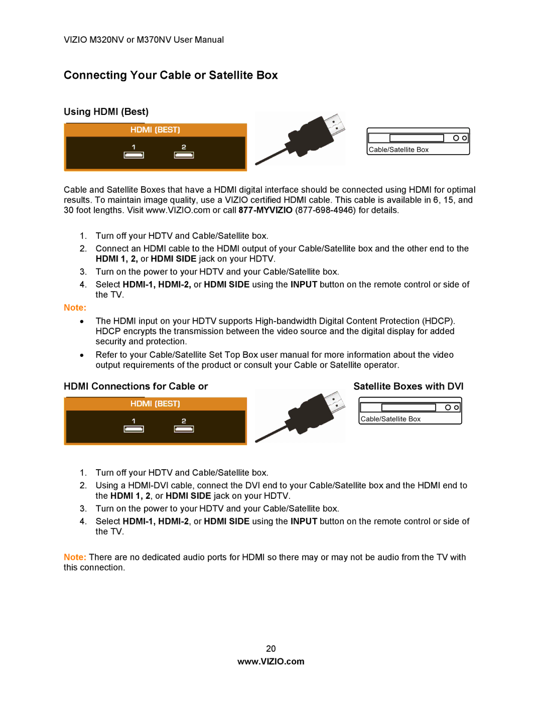 Vizio M370NV, M320NV manual Connecting Your Cable or Satellite Box, Using Hdmi Best, Hdmi Connections for Cable or 