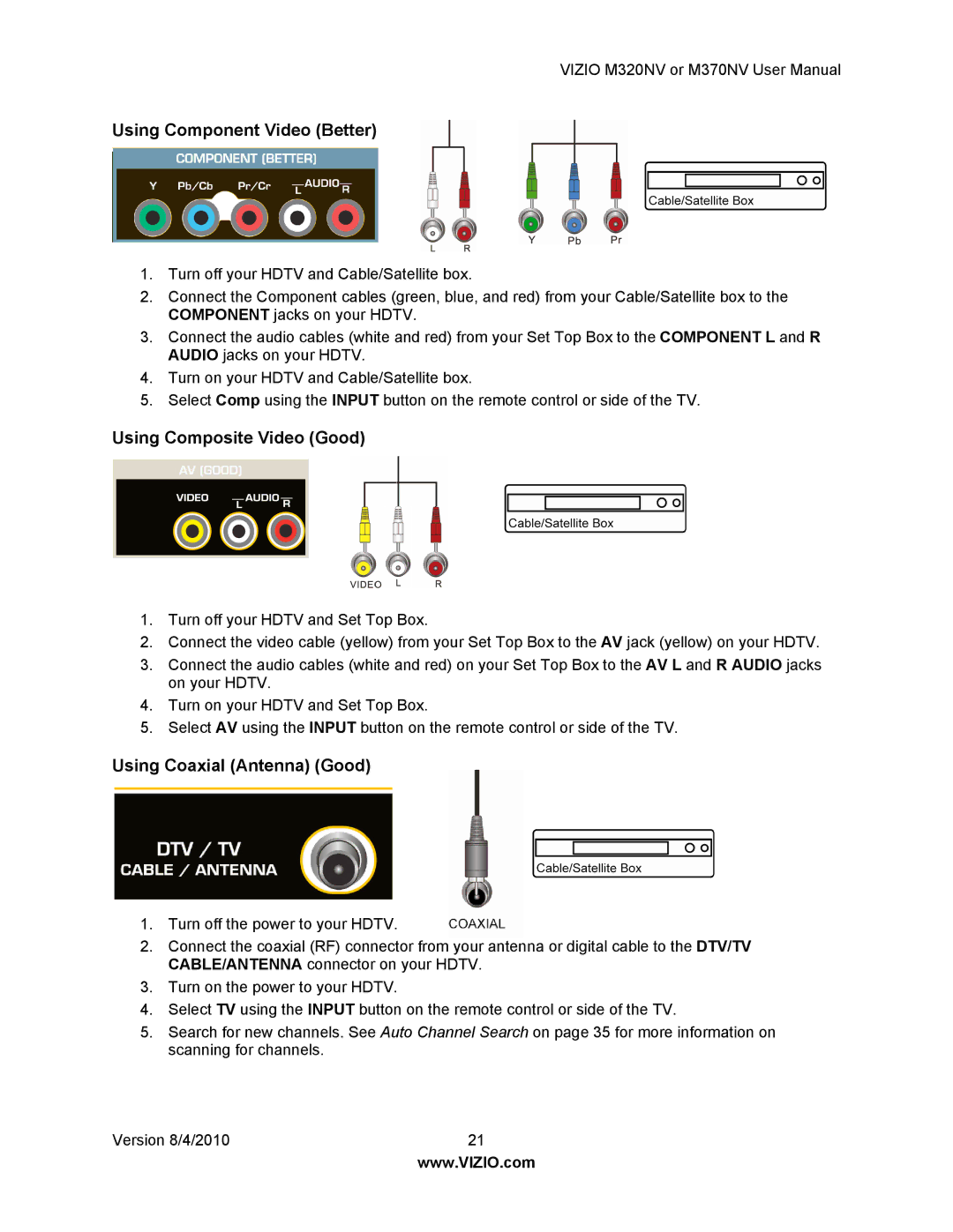 Vizio M320NV, M370NV manual Using Component Video Better, Using Composite Video Good, Using Coaxial Antenna Good 