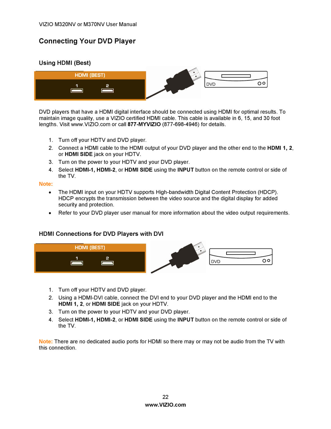 Vizio M370NV, M320NV manual Connecting Your DVD Player, Hdmi Connections for DVD Players with DVI 