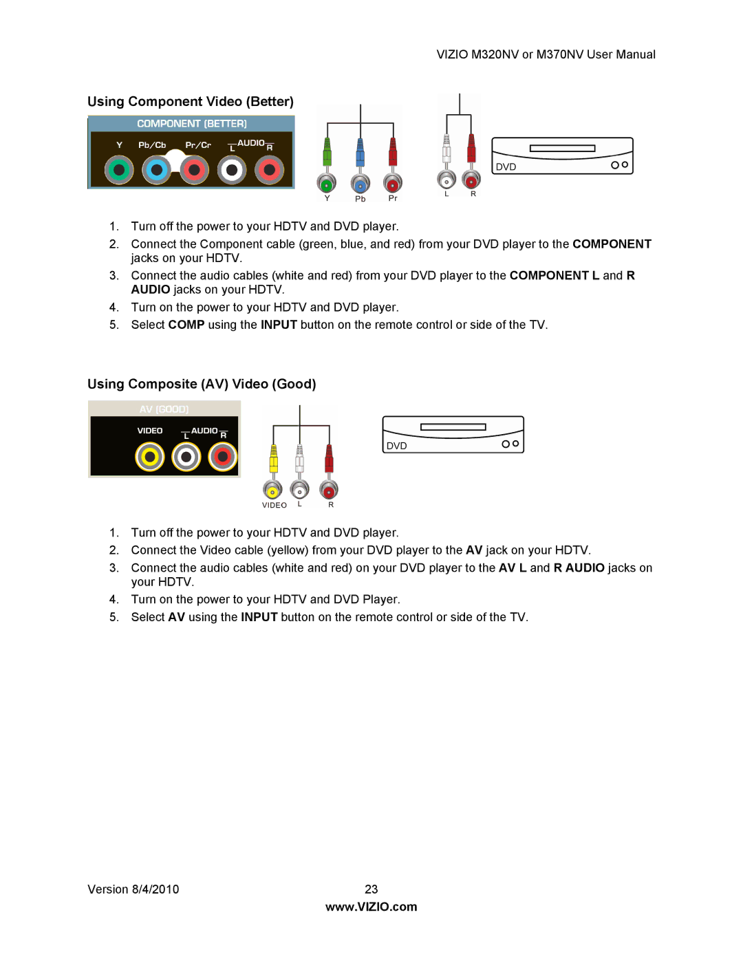 Vizio M320NV, M370NV manual Using Composite AV Video Good 