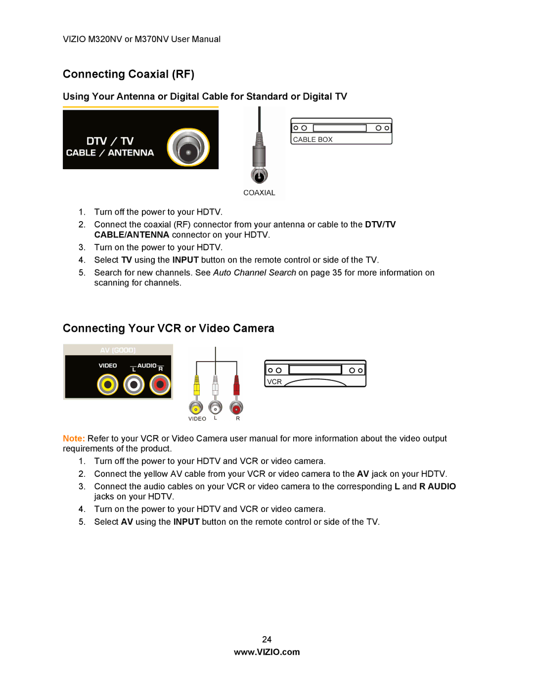 Vizio M370NV, M320NV manual Connecting Coaxial RF, Connecting Your VCR or Video Camera 