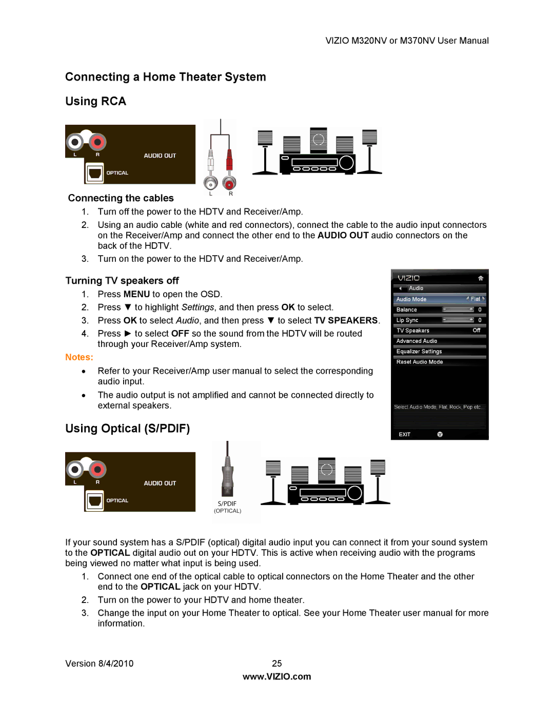 Vizio M320NV, M370NV manual Connecting a Home Theater System Using RCA, Using Optical S/PDIF, Connecting the cables 